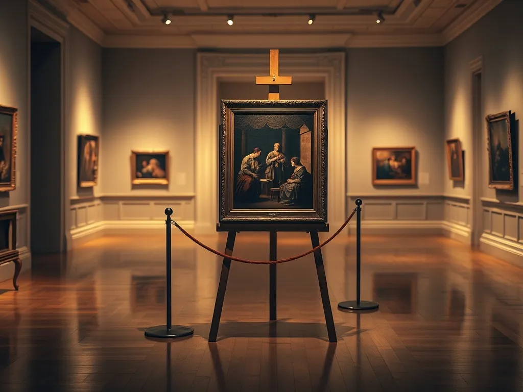 Galeria sztuki z obrazem w stylu barokowym przy świecy, podkreślającym grę światła i cienia w kameralnej atmosferze.