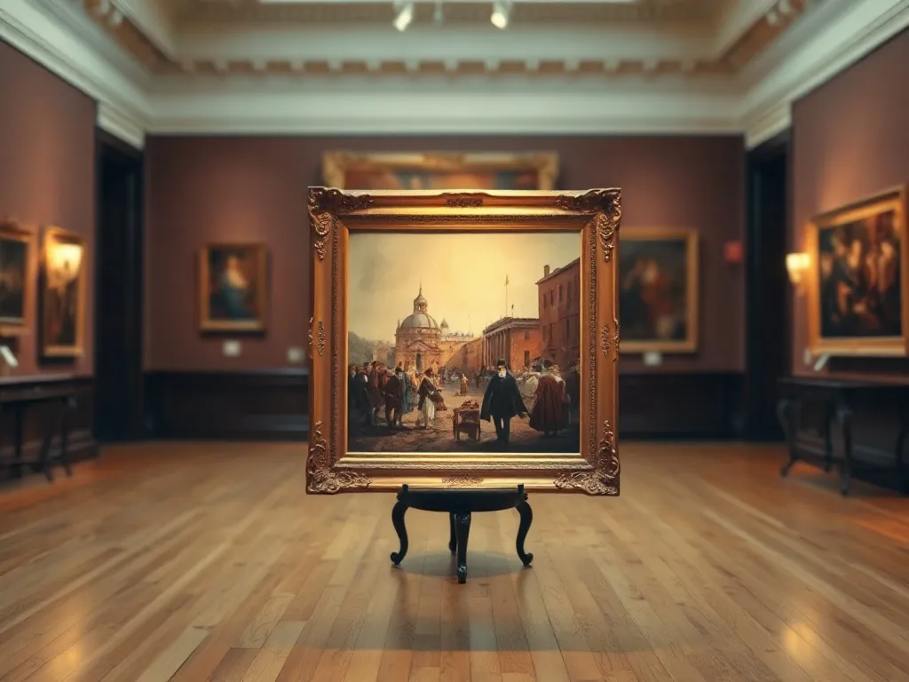 Elegancka galeria sztuki z dużym barokowym obrazem historycznym w złotej ramie, podkreślająca rangę dzieł Velázqueza