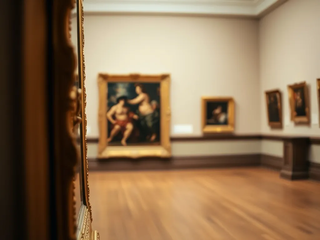 Złota rama z barokowym obrazem w muzeum, podkreślająca dramatyczny styl malarstwa Artemisia Gentileschi
