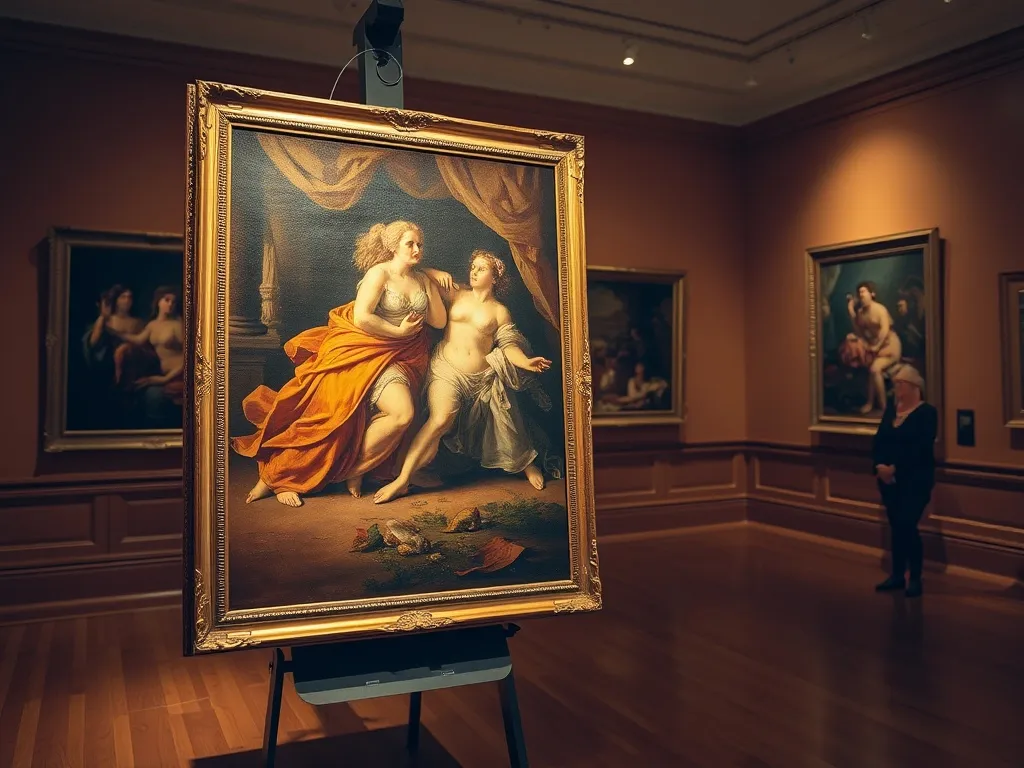 Wnętrze muzeum sztuki z dużym barokowym obrazem Rubensa w złotej ramie, w tle widz obserwujący inne dzieła.