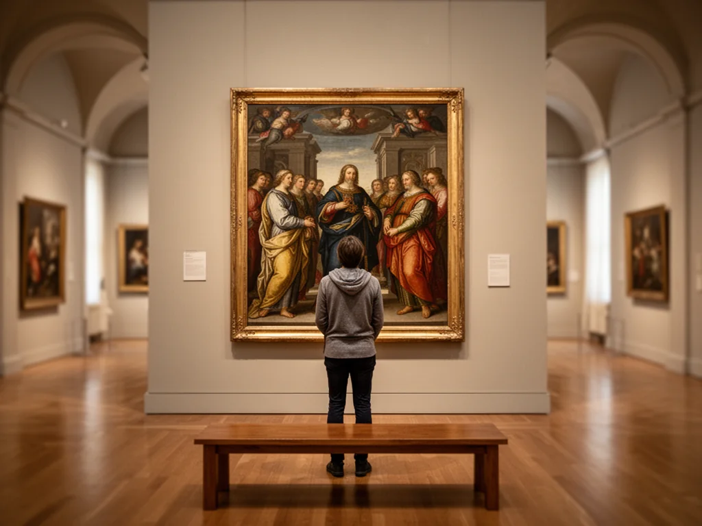 Zwiedzający w muzeum kontempluje duży renesansowy obraz w złotej ramie, w spokojnym, eleganckim wnętrzu galerii.