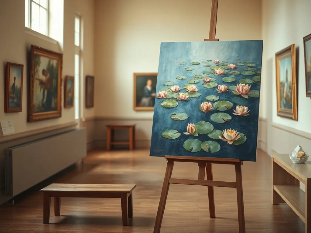 Przytulne wnętrze galerii z obrazem inspirowanym „Liliami wodnymi” Moneta na sztaludze, w tle rozmyte impresjonistyczne dzieła.
