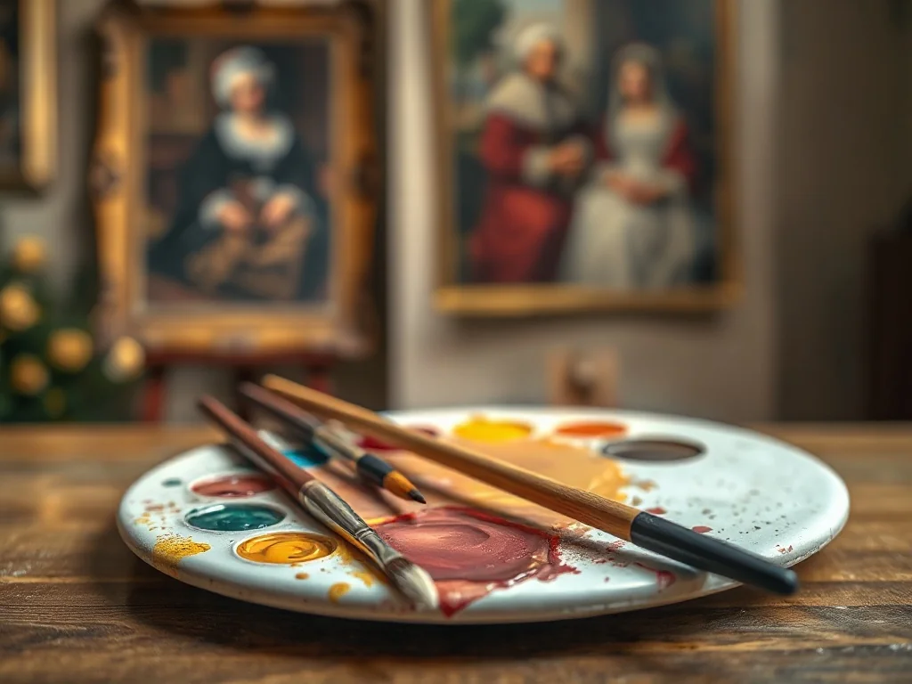Paleta malarska z pędzlami na tle rozmazanego obrazu renesansowego, tworząca klimat pracowni Leonarda da Vinci.