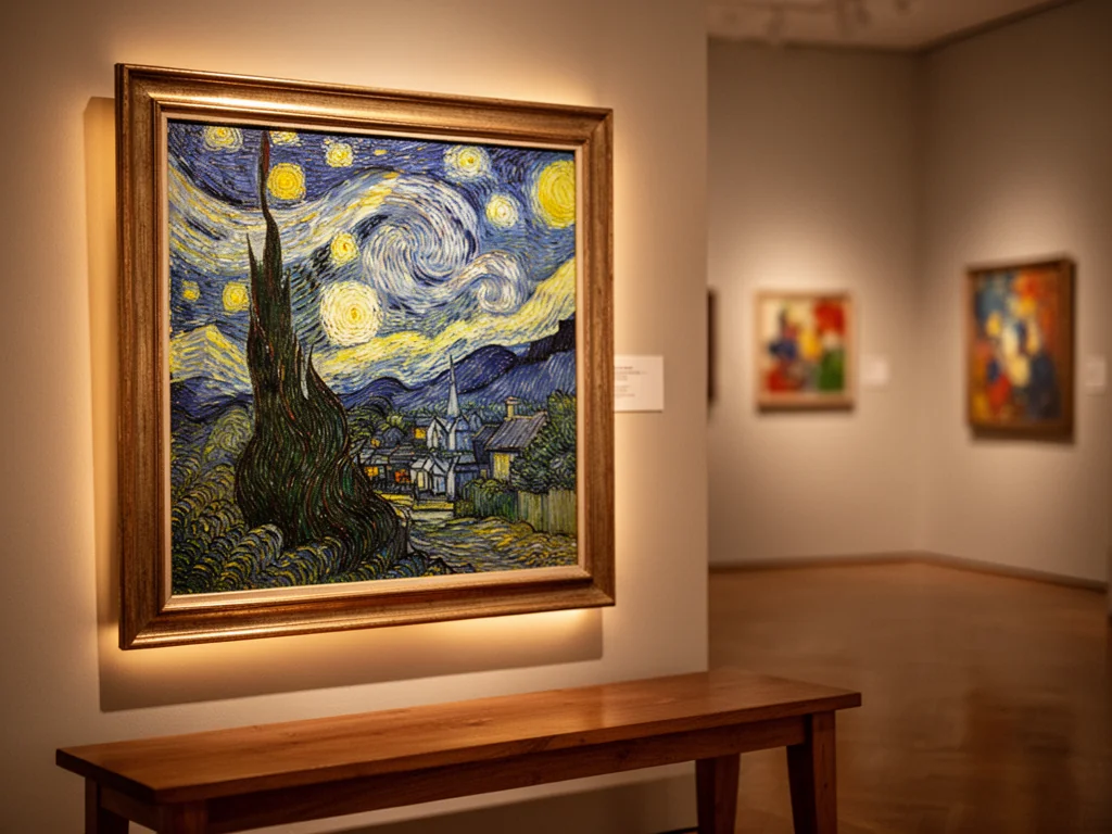 Przytulna galeria sztuki z obrazem w stylu Van Gogha, wirujące żółcie i granaty nocnego nieba nad spokojną wioską