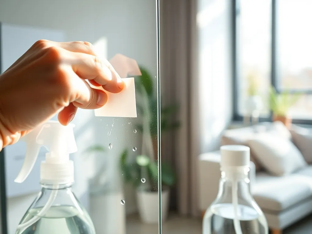 Dłoń z plastikową szpachelką delikatnie odkleja naklejkę z szyby, na wilgotnym szkle widać krople wody i spray do czyszczenia
