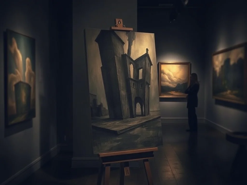 Mroczna galeria sztuki z surrealistycznym obrazem w stylu Beksińskiego na sztaludze i sylwetką widza w tle.