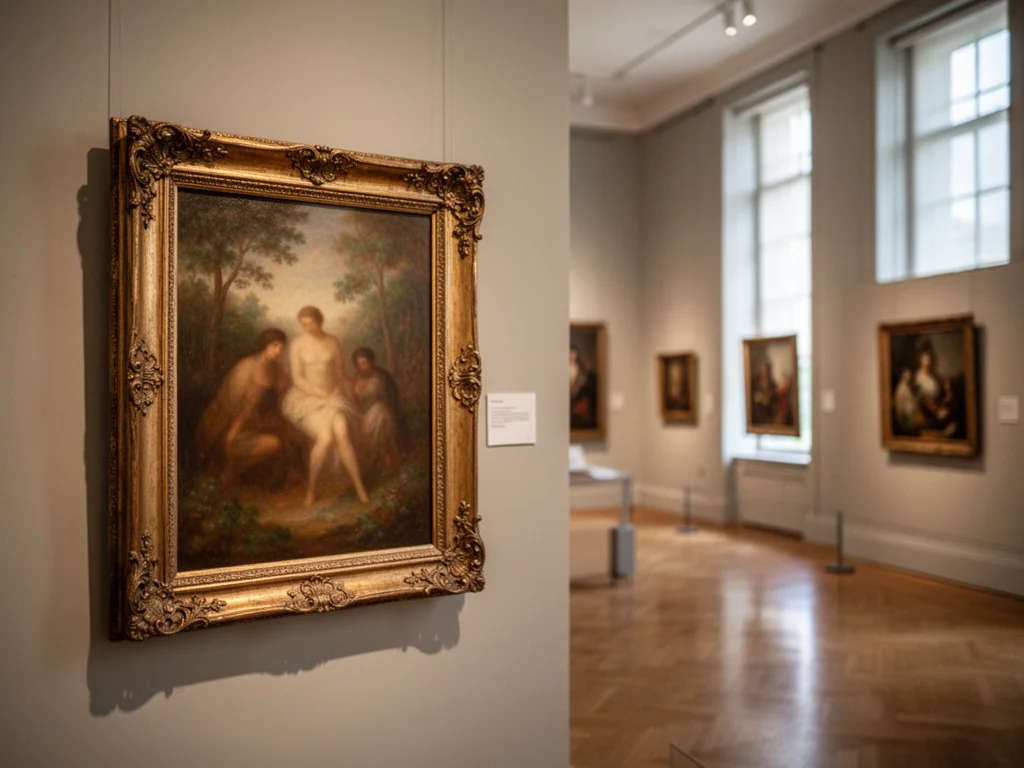 Wnętrze muzeum sztuki z rozmytym symbolistycznym obrazem w złotej ramie, w tle inne dzieła Jacka Malczewskiego