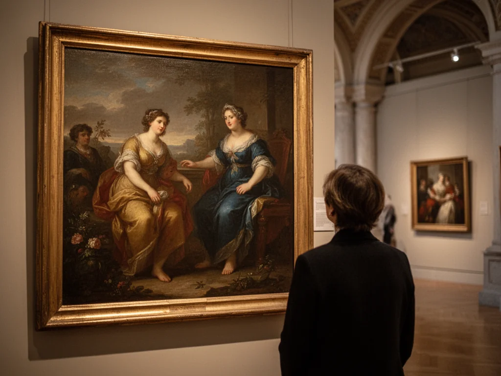 Widz w spokojnym muzeum kontempluje duży obraz olejny Matejki w złotej ramie, wśród innych historycznych dzieł.