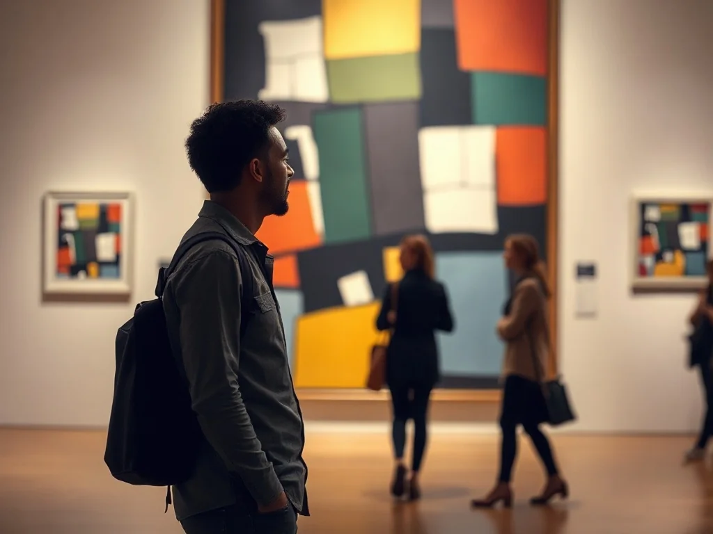 Zwiedzający w muzeum uważnie ogląda duży kubistyczny obraz Picassa w nowoczesnej, ciepło oświetlonej galerii.