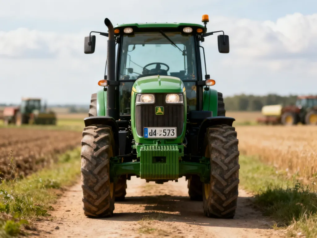 Nowoczesny zielony traktor z tablicą rejestracyjną stoi na polnej drodze między polami, w tle inne maszyny rolnicze