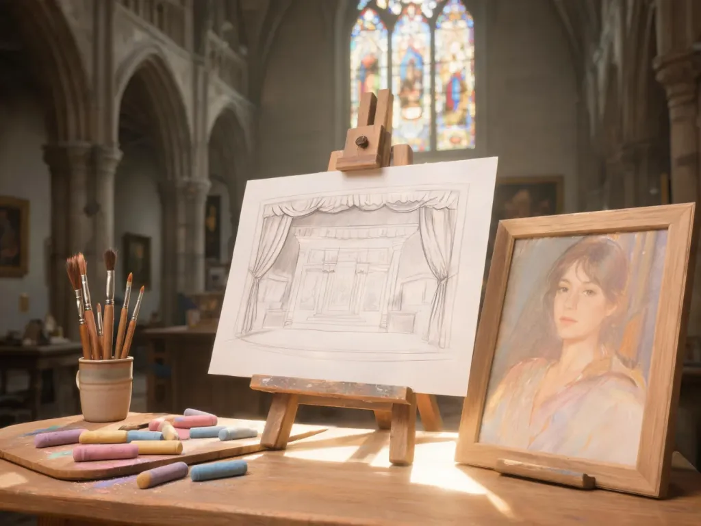 Pastelowy portret i szkic scenografii Wyspiańskiego w nastrojowym muzeum, z widokiem na witraże i detale architektury