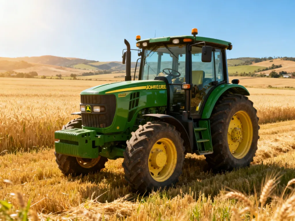Nowoczesny ciągnik John Deere na tle złotego pola pszenicy podczas słonecznych żniw.