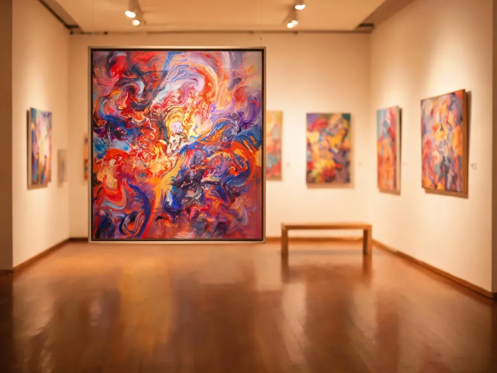 Przytulna galeria sztuki z dużym ekspresyjnym obrazem w odważnych, wirujących barwach, zachęcająca do kontemplacji dzieł Munch’a