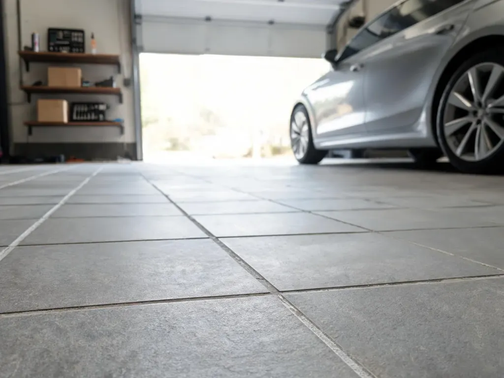 Czysta podłoga garażu z dużych, matowych szarych płytek ceramicznych, obok zaparkowane auto i proste regały z narzędziami.