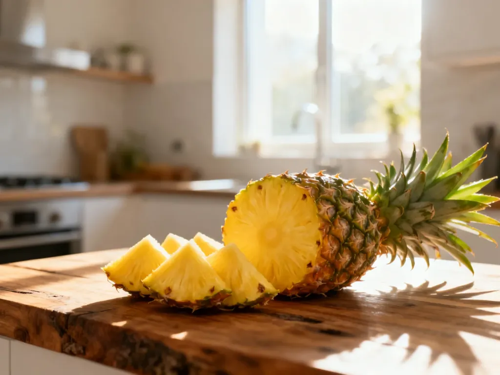 Świeżo pokrojony ananas na drewnianym blacie w słonecznej kuchni, podkreślający soczystość i dojrzałość owocu.