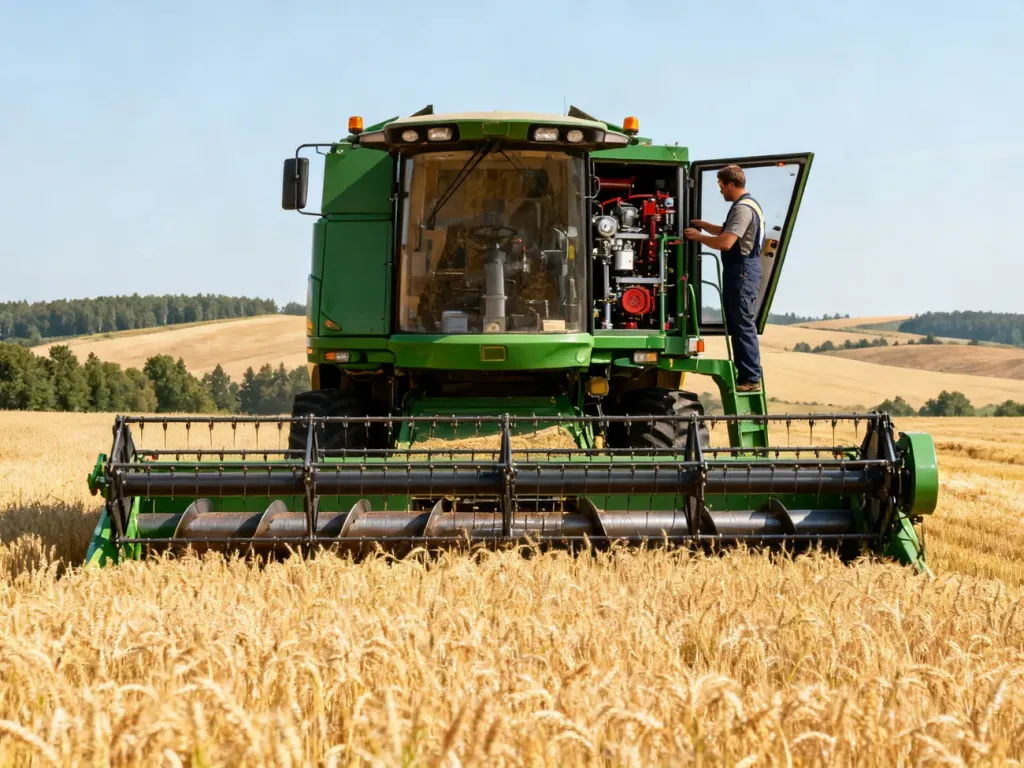 Rolnik sprawdza otwarty panel zielonego kombajnu w polu pszenicy, kontrolując możliwą awarię maszyny