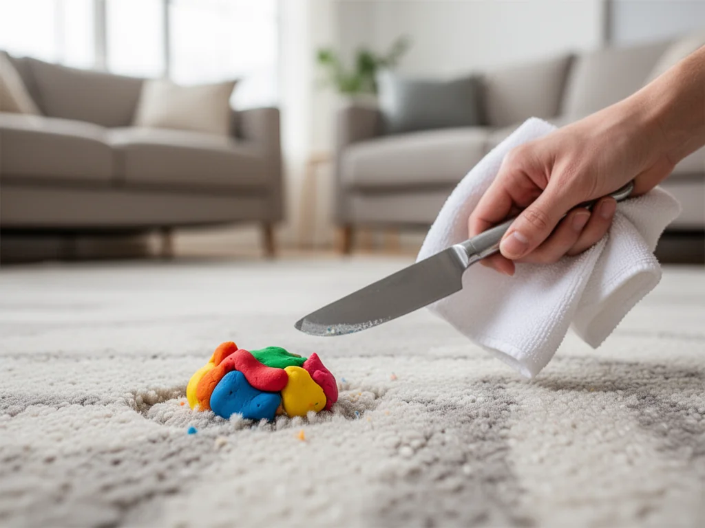 Ręka delikatnie usuwa kolorową plastelinę z miękkiego dywanu za pomocą tępego noża i białej ściereczki.