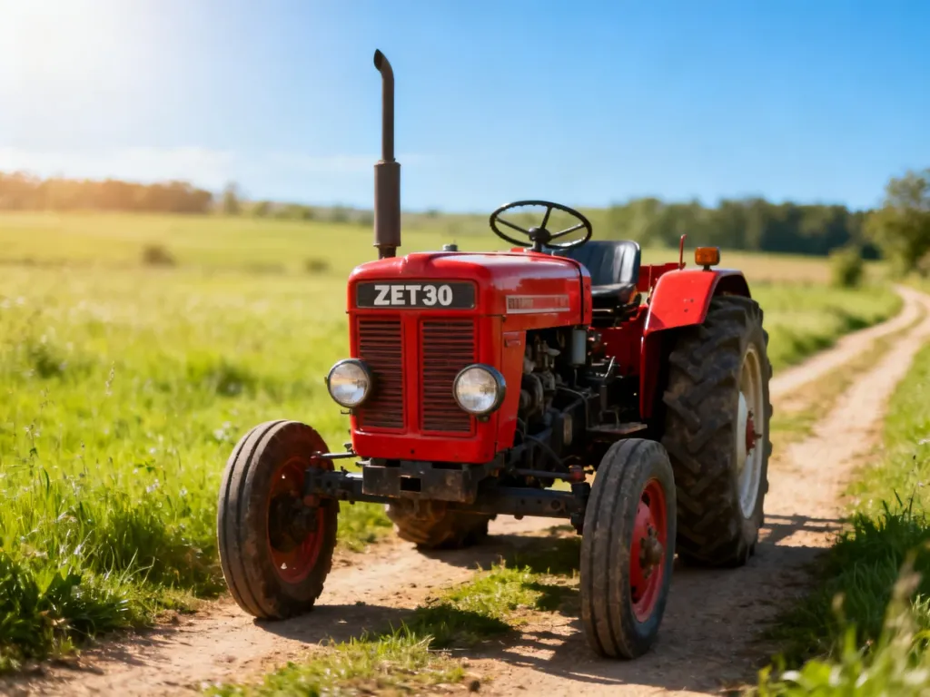 Zadbany, czerwony ciągnik Zetor 3011 zaparkowany na wiejskiej drodze w słoneczny dzień.