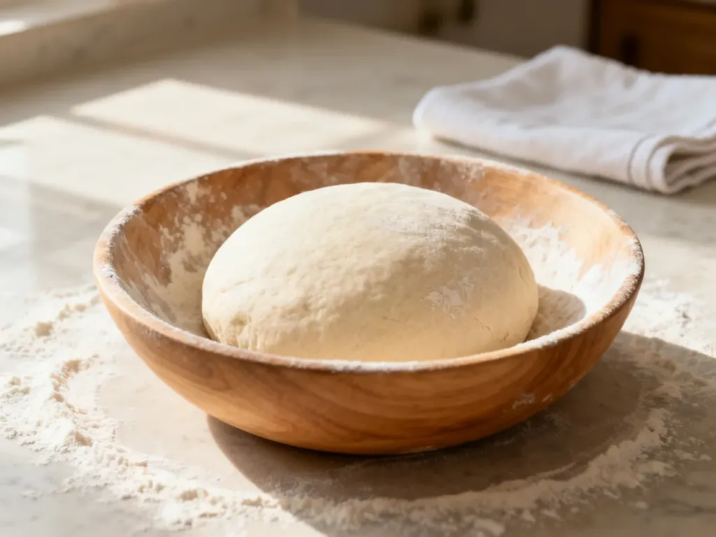 Gładka kula świeżego ciasta na pizzę w drewnianej misce oprószonej mąką, przygotowana do wyrastania.