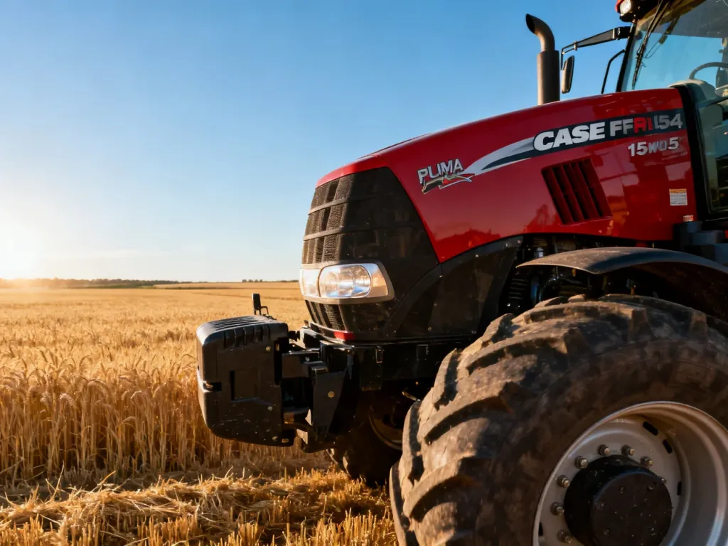 Czerwony ciągnik Case IH Puma 150 pracujący na polu pszenicy w słoneczny dzień.