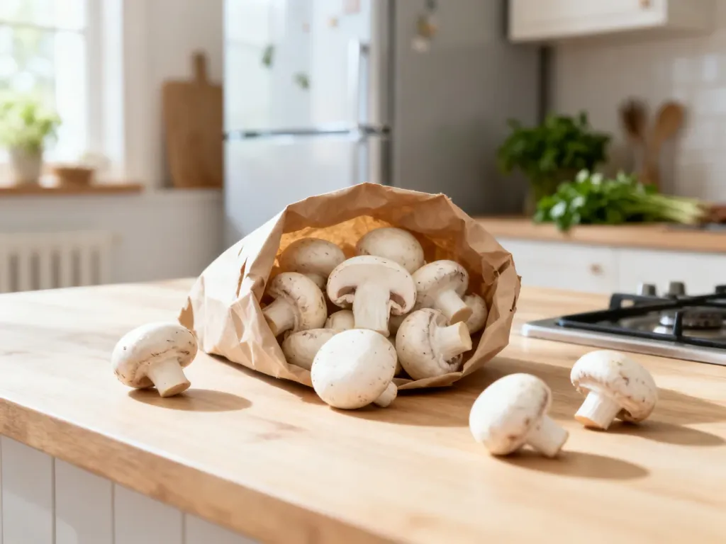 Świeże pieczarki w papierowej torbie na blacie kuchennym, pokazujące prawidłowy sposób ich przechowywania