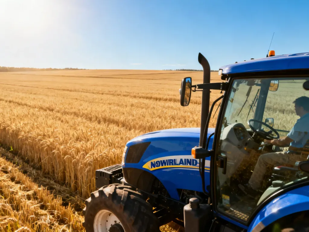 Niebieski ciągnik New Holland pracujący na polu pszenicy w słoneczny dzień.