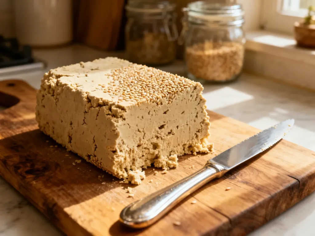 Kawałek sezamowej chałwy na drewnianej desce obok noża, w otoczeniu kuchennych słoików.