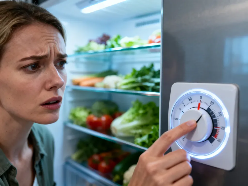 Zaniepokojona kobieta sprawdza ustawienia temperatury wewnątrz nowoczesnej lodówki z uporządkowaną żywnością.