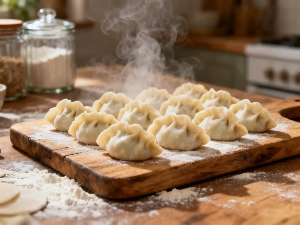 Świeżo ugotowane, parujące pierogi ułożone na rustykalnej drewnianej desce w przytulnej kuchni.