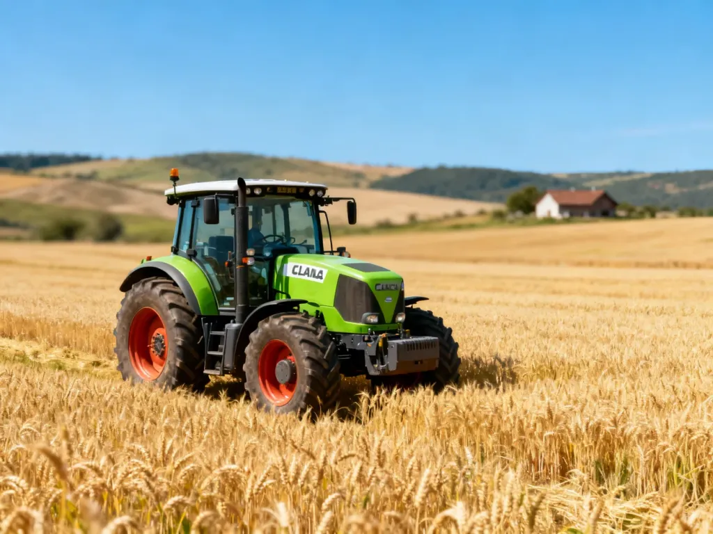 Zielony ciągnik Claas Arion 420 zaparkowany na polu dojrzałej pszenicy w słoneczny dzień.