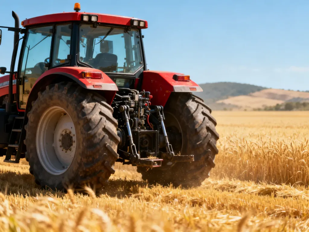 Czerwony ciągnik Zetor podczas pracy na polu dojrzałej pszenicy w słoneczny dzień.