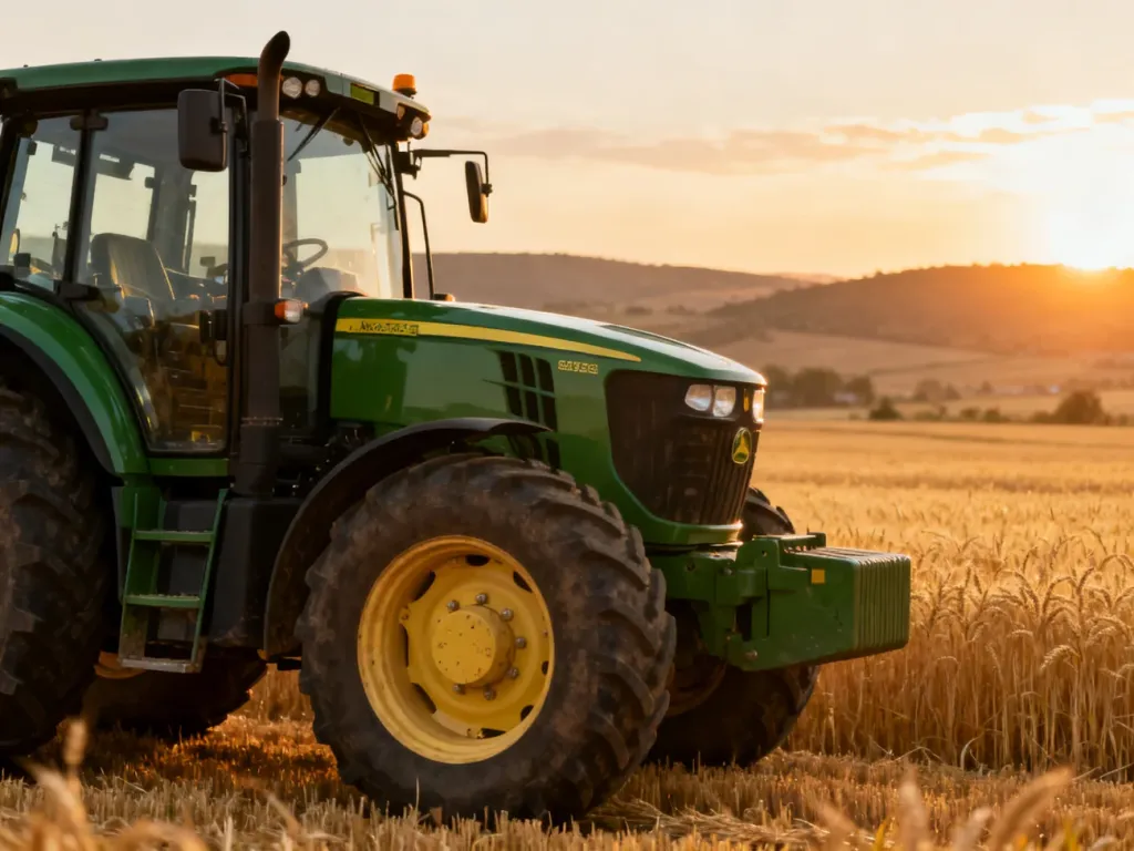 Zielony ciągnik rolniczy Claas Arion 630 zaparkowany na polu pszenicy w promieniach zachodzącego słońca.