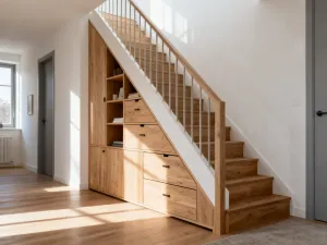 Nowoczesny salon z szarymi ścianami i eleganckimi beżowymi zasłonami z lnu, oświetlony ciepłym światłem zachodzącego słońca.