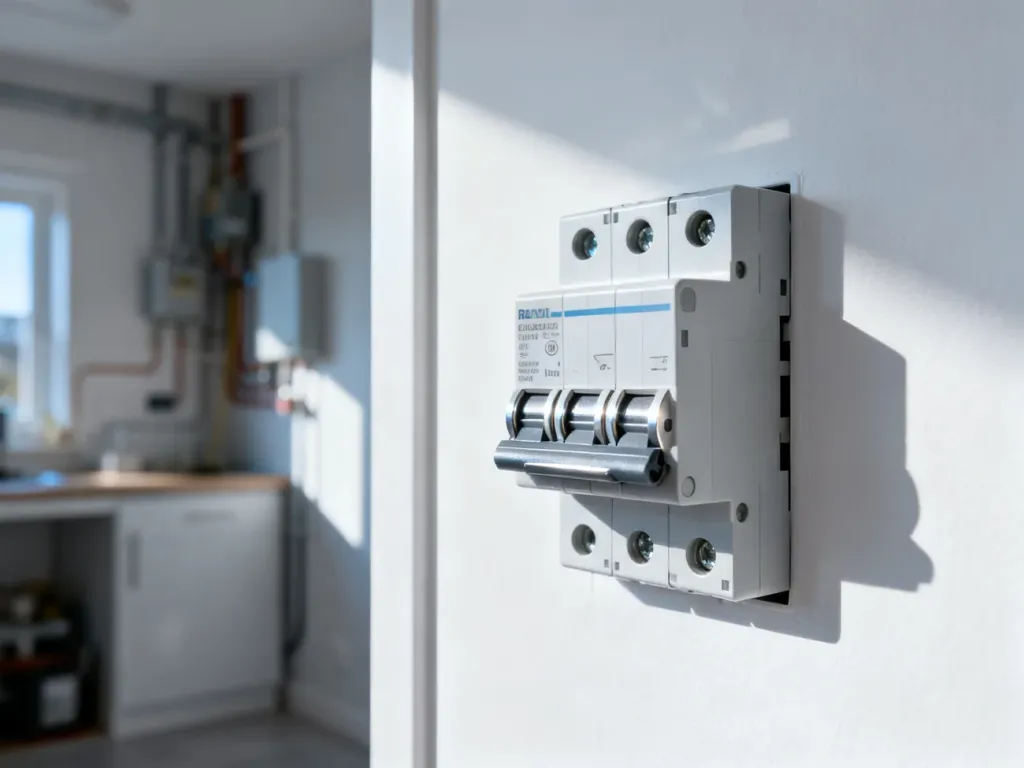 Nowoczesny wyłącznik różnicowoprądowy zamontowany w domowej rozdzielnicy elektrycznej.