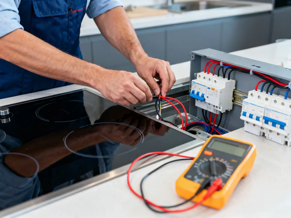 Elektryk podłącza płytę indukcyjną i sprawdza instalację elektryczną