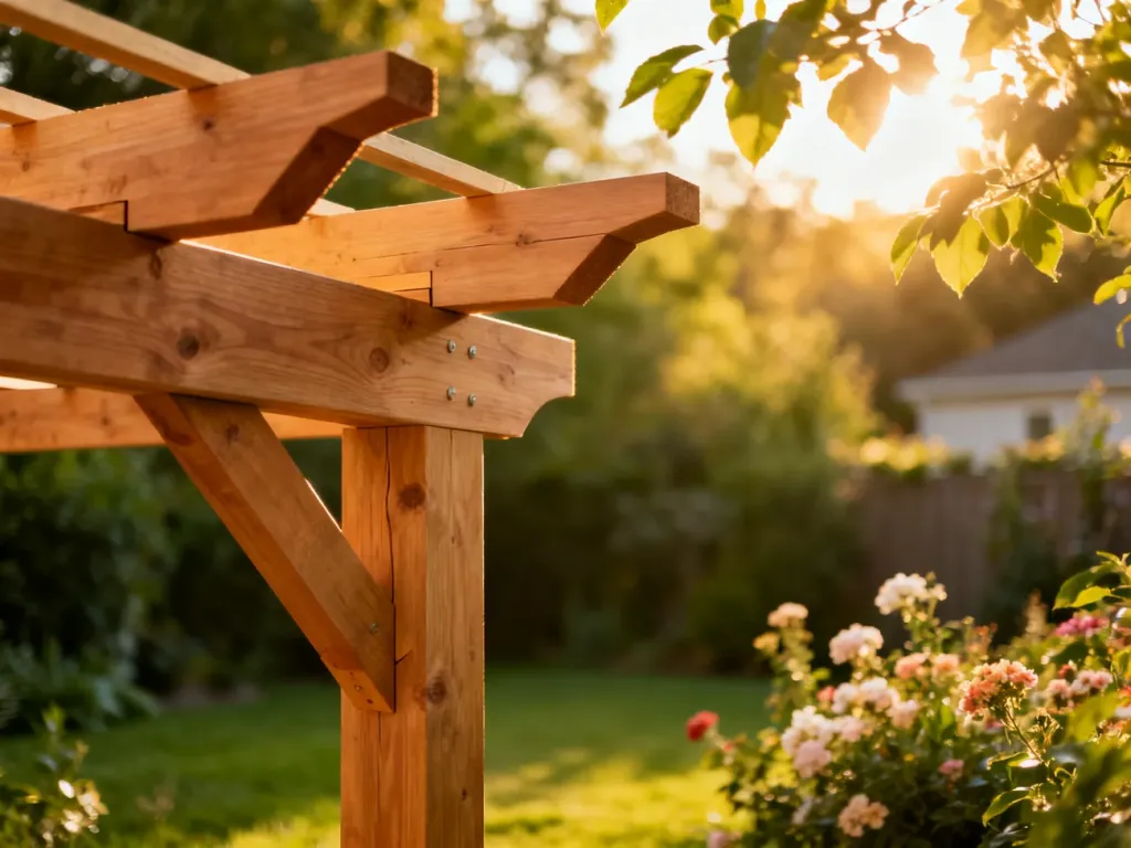 Częściowo zbudowana drewniana pergola w ogrodzie podczas słonecznego popołudnia. Widoczne detale konstrukcyjne i łączenia.
