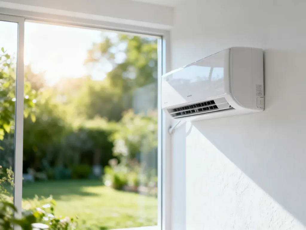 Nowoczesny klimatyzator typu split zamontowany na białej ścianie w słonecznym, domowym wnętrzu.
