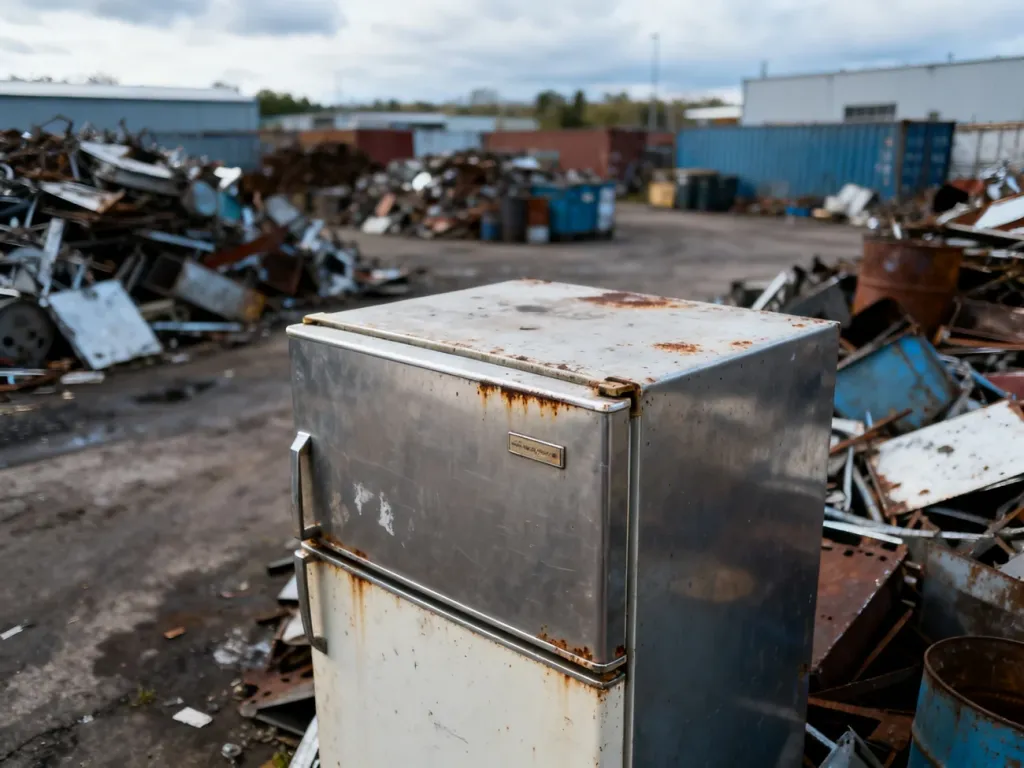 Stara, zardzewiała lodówka porzucona na terenie punktu recyklingu odpadów przemysłowych.