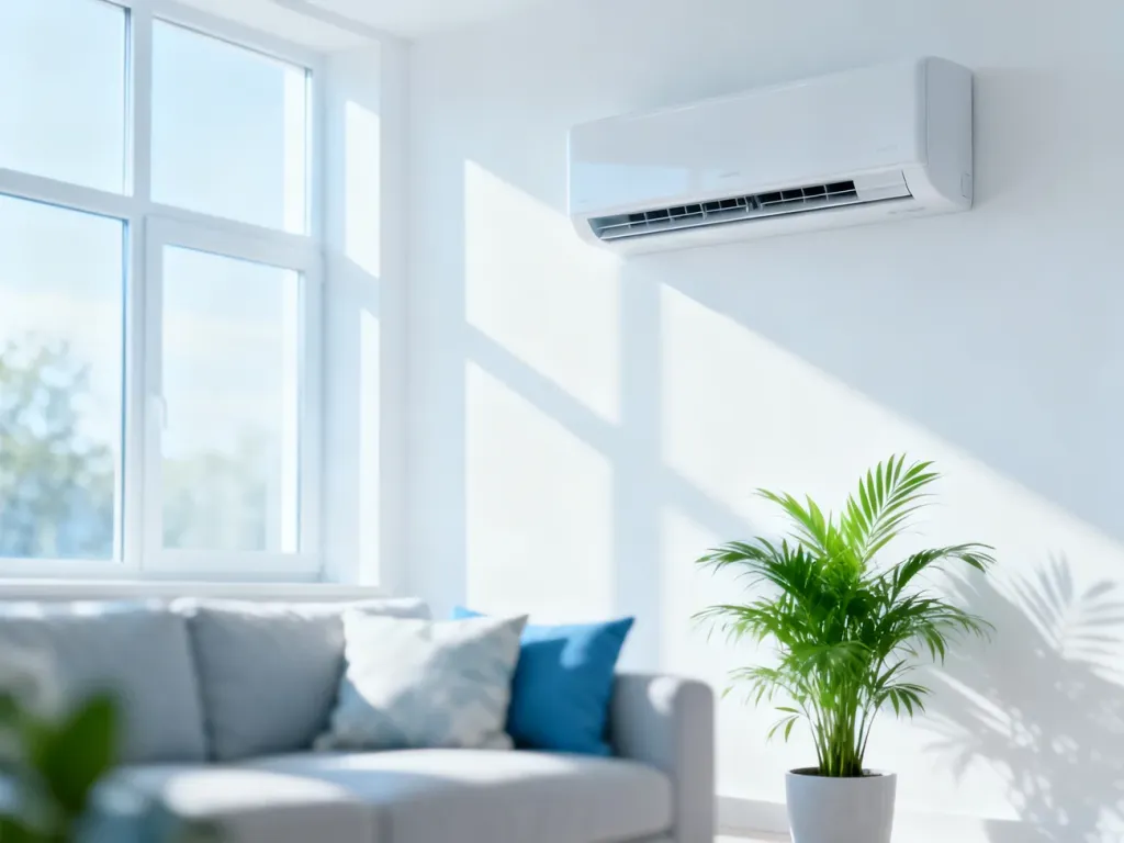 Nowoczesny klimatyzator ścienny w jasnym, przytulnym salonie, zapewniający komfortową temperaturę w domu.