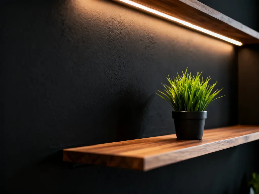 Nowoczesny salon z matową czarną ścianą, oświetloną ciepłym światłem LED i ozdobioną zieloną rośliną na drewnianej półce.