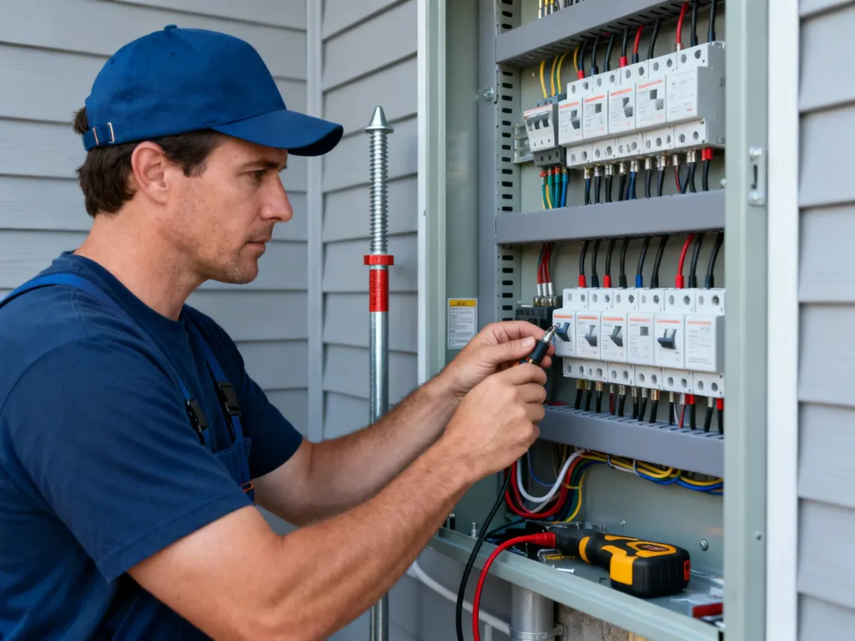 Elektryk sprawdzający uziemienie i instalację ochrony przeciwprzepięciowej domu