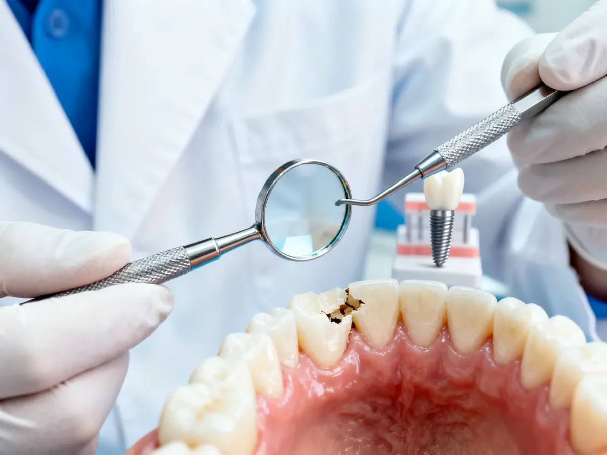 Dentysta oceniający uszkodzoną górną jedynkę w gabinecie stomatologicznym