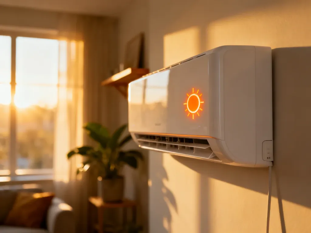Nowoczesny klimatyzator ścienny z ikoną słońca na wyświetlaczu, sygnalizującą aktywny tryb grzania w przytulnym salonie.