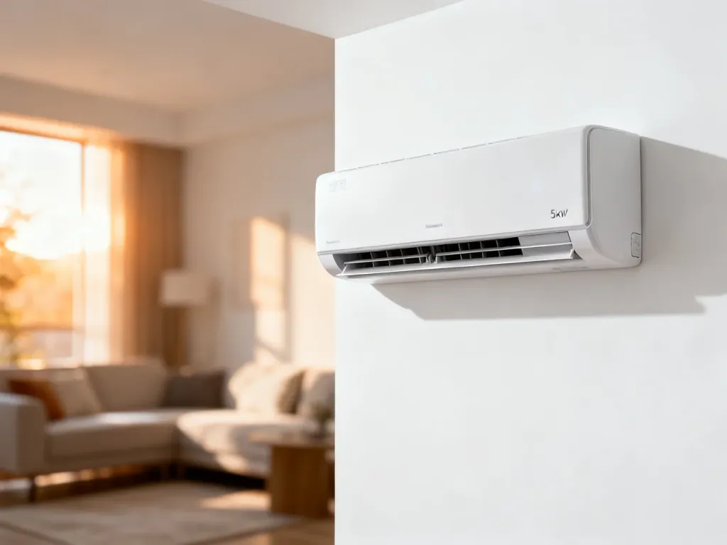 Nowoczesny klimatyzator o mocy 5 kW zamontowany na ścianie w jasnym, przytulnym salonie.