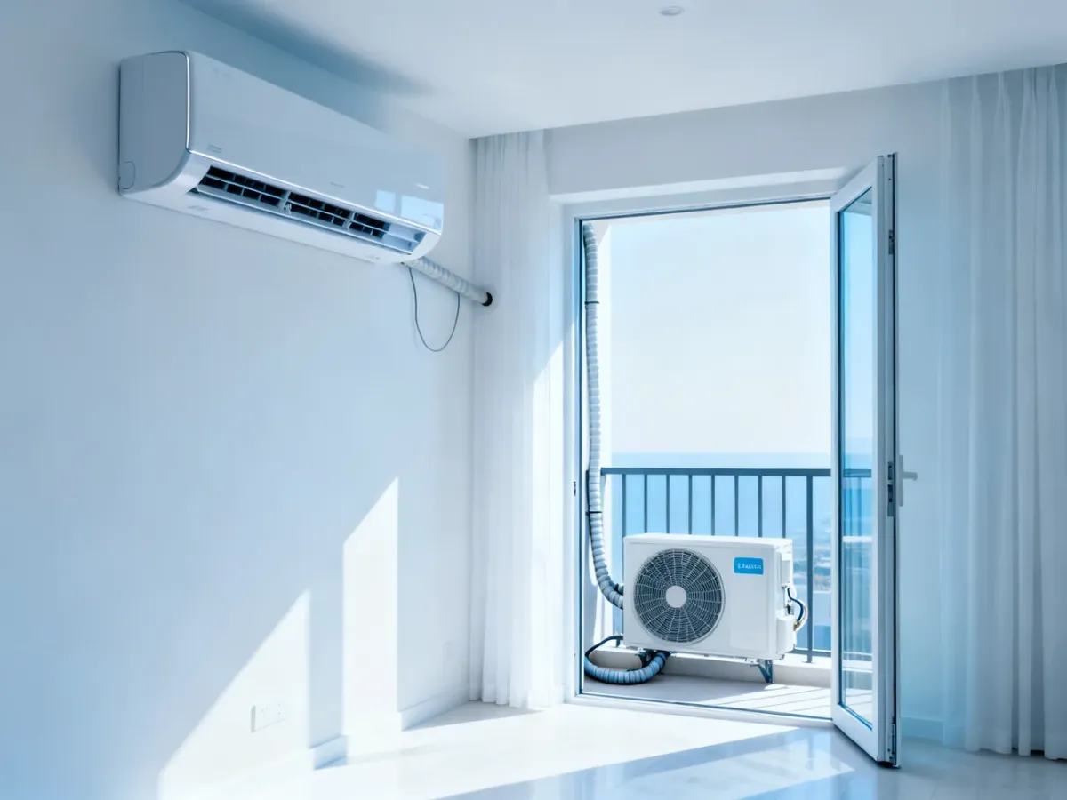 Klimatyzator split z jednostką wewnętrzną i zewnętrzną w nowoczesnym mieszkaniu