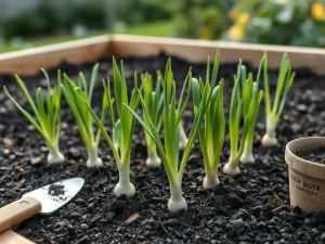 Młoda sadzonka tui Brabant z kroplami rosy, posadzona w żyznej ziemi w słonecznym ogrodzie.