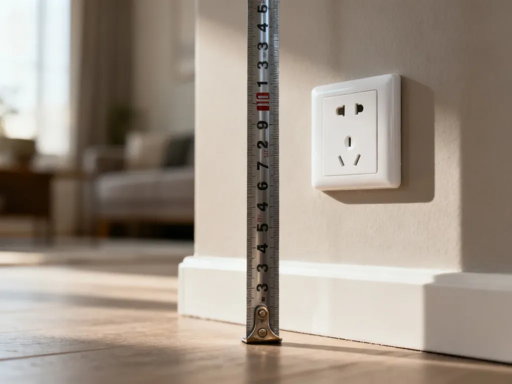 Białe gniazdko elektryczne zamontowane na ścianie, przy którym metalowa miarka wskazuje wysokość montażu od podłogi.