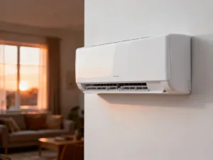 Cyfrowy panel sterowania nowoczesnej lodówki z widocznymi ustawieniami temperatury w jasnej kuchni.