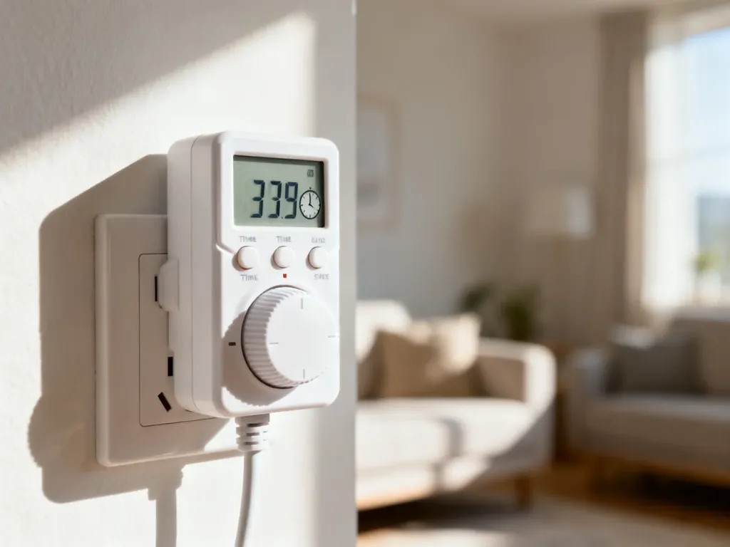 Cyfrowy programator czasowy wpięty do gniazdka elektrycznego z widocznym wyświetlaczem LCD w jasnym wnętrzu domu.
