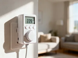 Nowoczesna lodówka w minimalistycznej kuchni z widocznym wyświetlaczem termostatu.